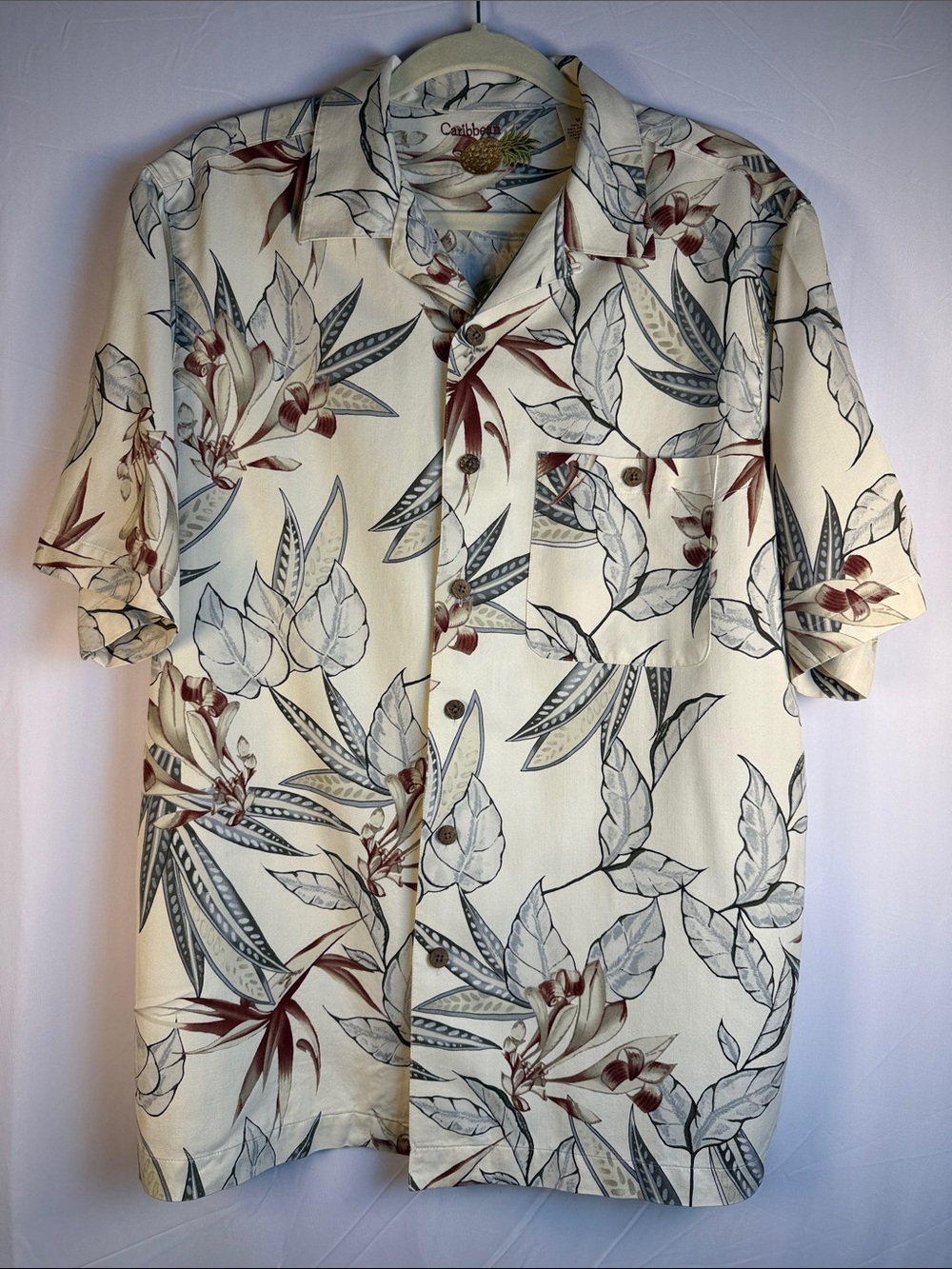 Caribbean Casual Button-Down Shirt in Cream with Gray and Rust Floral Print